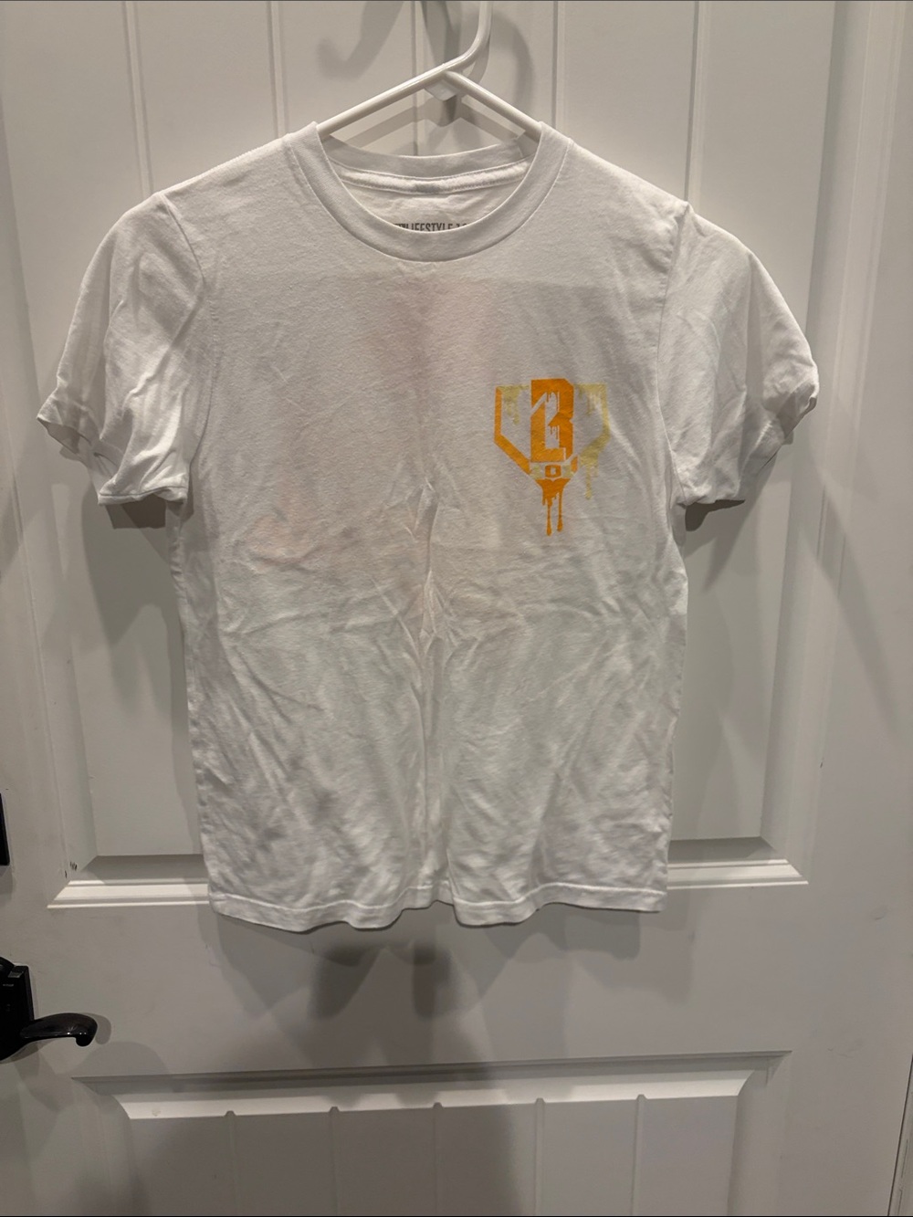 White Short Sleeve Tee with Yellow Chest Graphic